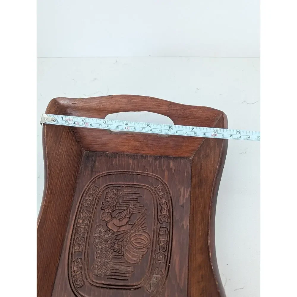 Vtg Wooden Hand carved Bread Tray/Basket Harvest Scene Handles Farmhouse EUC